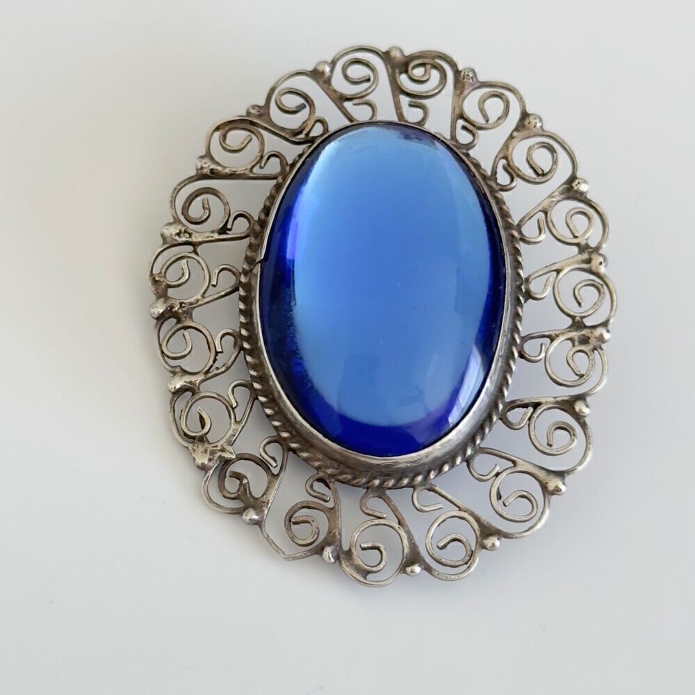 Vintage 925 Sterling Silver Blue Cat's Eye Ornate Filigree Brooch Pin Pendant